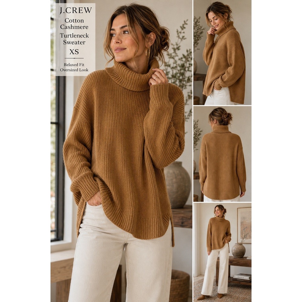 J.Crew Cotton Cashmere Blend Turtleneck Sweater XS Oversized Camel Chunky Knit